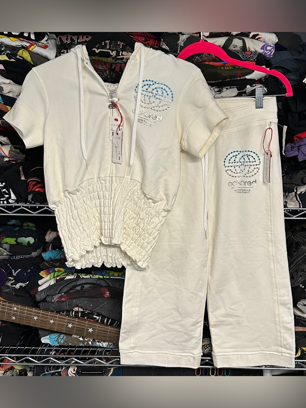 Y2K ECKO RED women's deadstock white rhinestone 2pc track suit, XS.